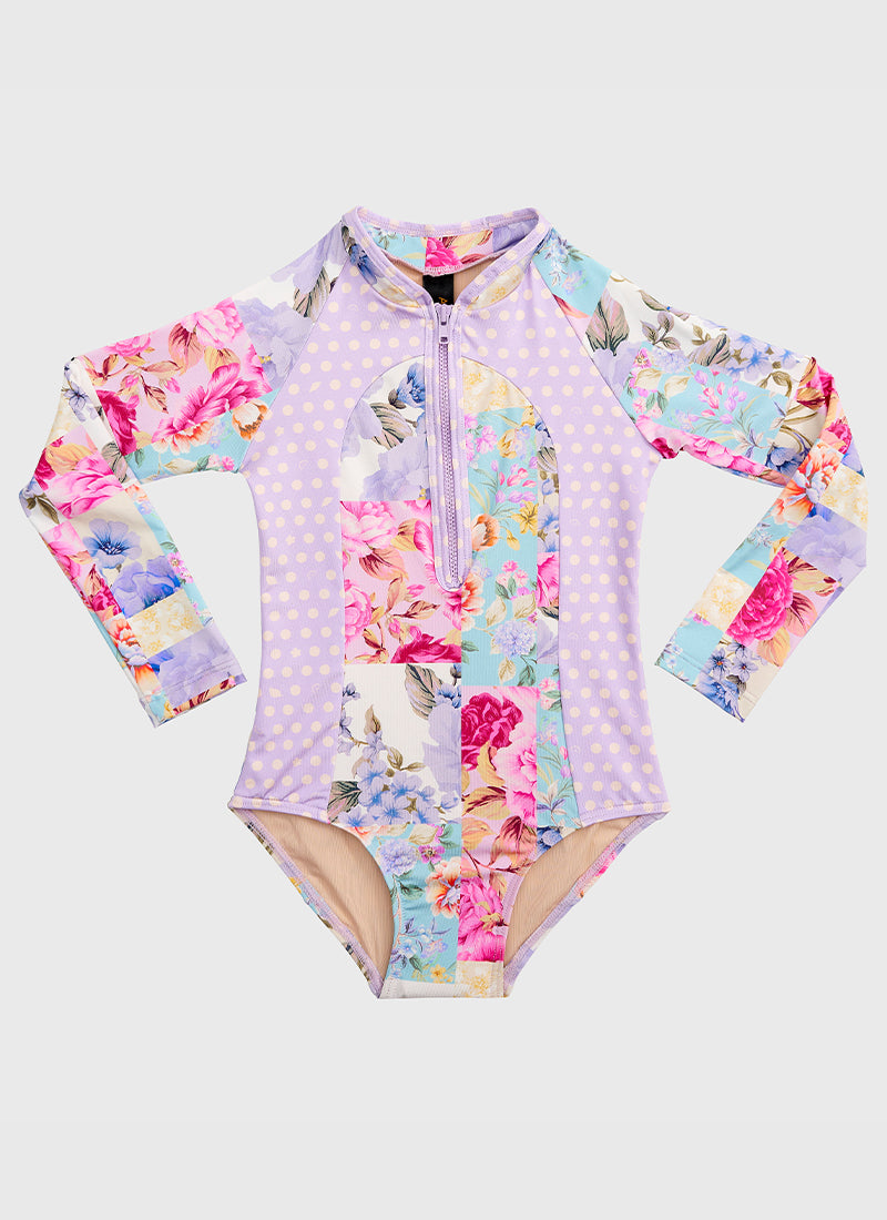 Meadow Long Sleeve One Piece LITTLE GIRLS SWIMWEAR AQUA BLU 